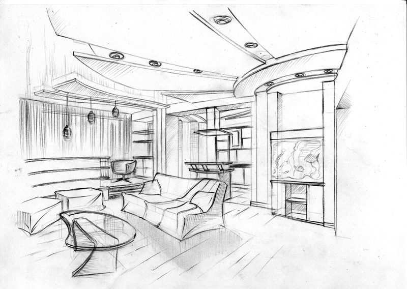 Блок 1 - постороение интерьера в перспективе, эскизирование